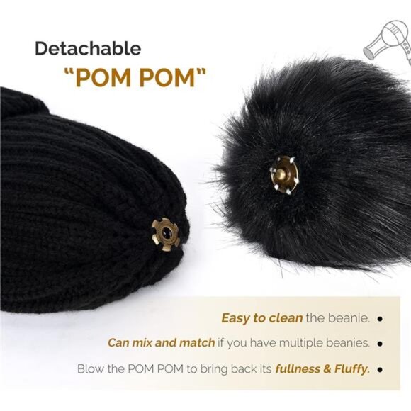 Women Winter Knitted Beanie Hat with Faux Fur Pom Warm Knit Skull Cap Beanie‎ - Picture 3 of 6